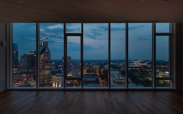 unfurnished room with wood-type flooring, a healthy amount of sunlight, and a water view