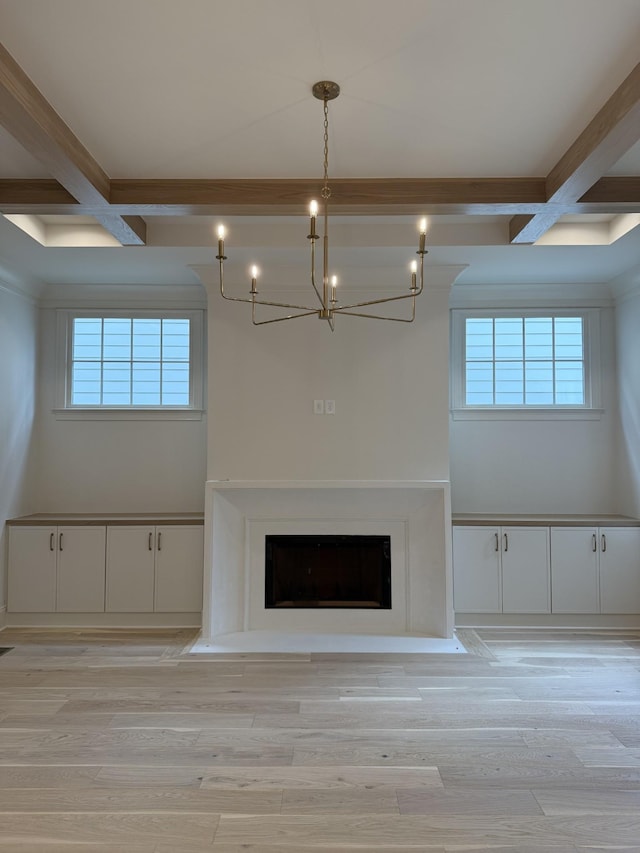 8006 Southvale Blvd, Franklin, TN 37064 - unfurnished living room with beam ceiling, coffered ceiling, a chandelier, healthy amount of natural light, and light wood finished floors