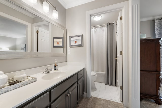 bathroom featuring ornamental molding, tile patterned flooring, vanity, and toilet