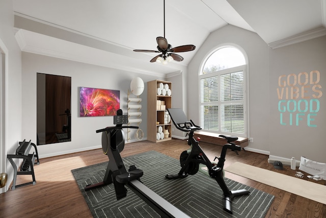 exercise area featuring plenty of natural light, lofted ceiling, hardwood / wood-style flooring, and ceiling fan