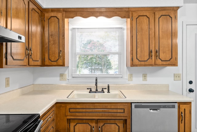 kitchen with stainless steel dishwasher, ventilation hood, sink, and electric range