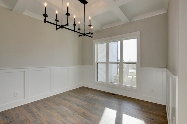 unfurnished dining area featuring beamed ceiling, coffered ceiling, and dark wood-type flooring