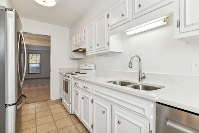 kitchen featuring white cabinetry, sink, stainless steel fridge, and white range with electric cooktop