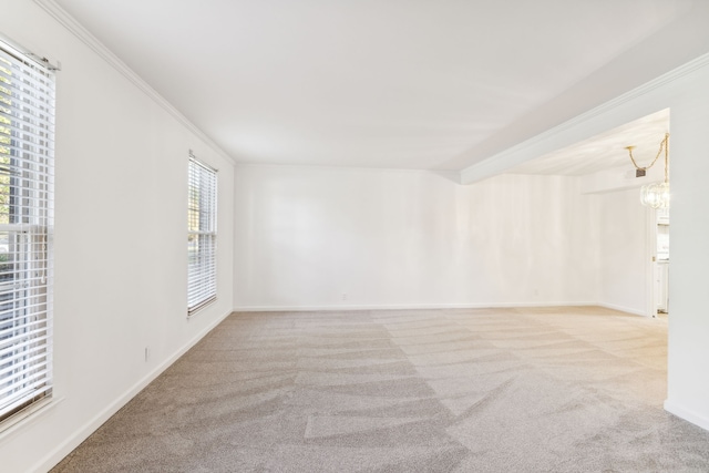 carpeted empty room with ornamental molding and beam ceiling