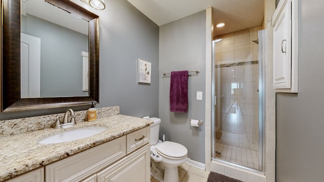 bathroom with tile patterned flooring, vanity, toilet, and a shower with shower door