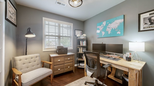 home office featuring dark wood-type flooring