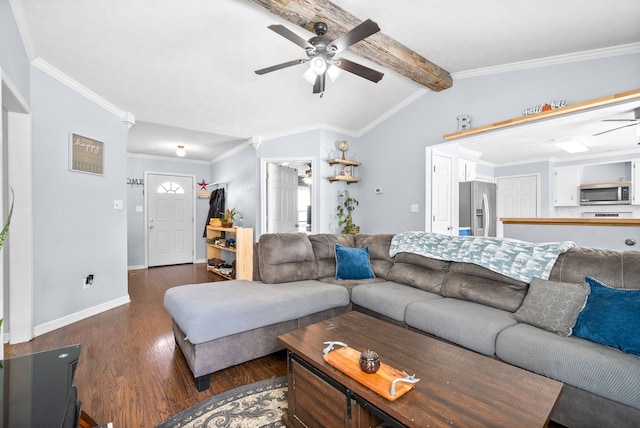 living room featuring dark hardwood / wood-style flooring, ceiling fan, lofted ceiling with beams, and crown molding