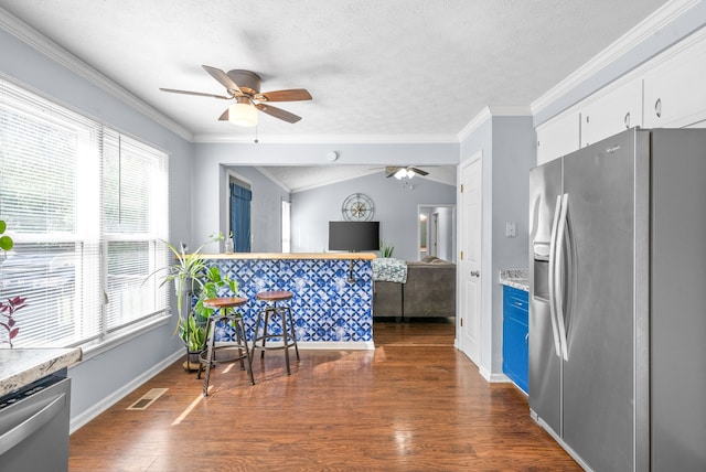 kitchen with ornamental molding, white cabinetry, appliances with stainless steel finishes, dark hardwood / wood-style floors, and vaulted ceiling