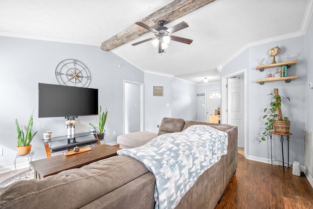 bedroom featuring ornamental molding, vaulted ceiling with beams, ceiling fan, and dark hardwood / wood-style floors