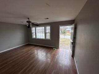 entrance foyer with dark wood-type flooring and ceiling fan