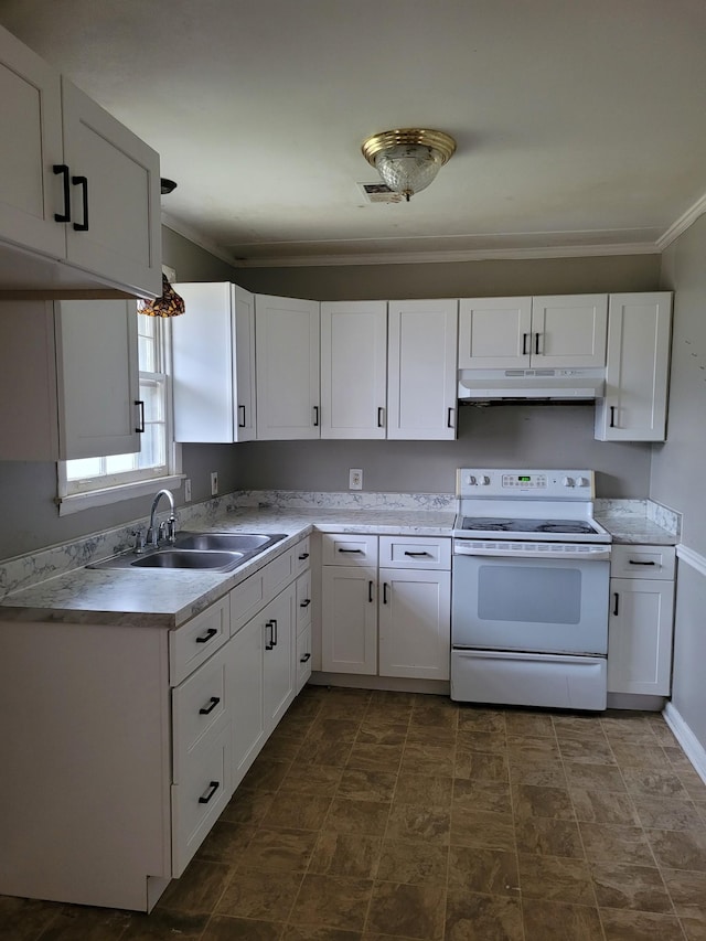 kitchen featuring crown molding, sink, white electric range, and white cabinets