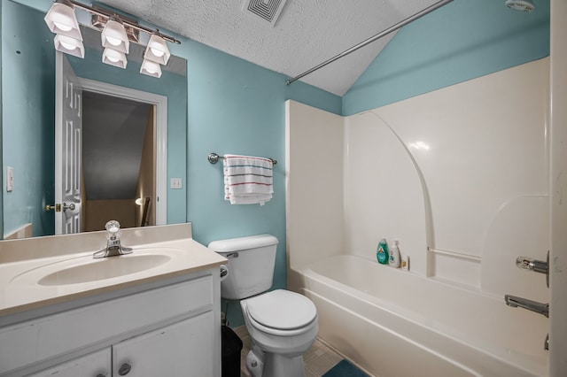 full bathroom with toilet, shower / bathing tub combination, vanity, and a textured ceiling