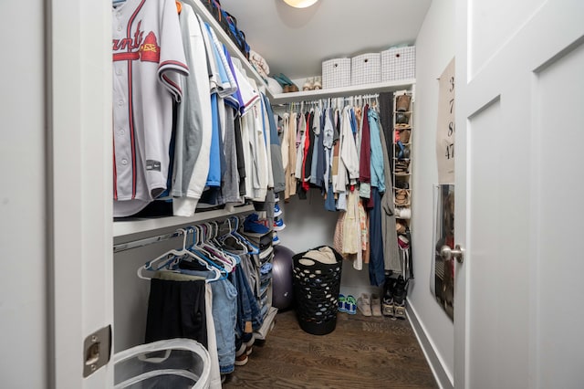 spacious closet with dark hardwood / wood-style floors