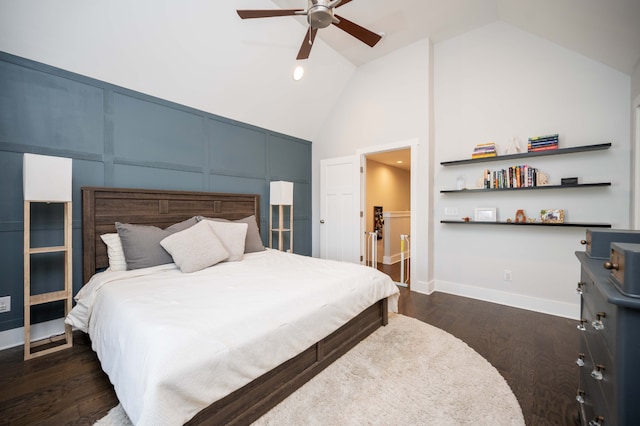 bedroom featuring ceiling fan, high vaulted ceiling, and dark hardwood / wood-style flooring