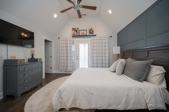 bedroom featuring dark wood-type flooring, ceiling fan, and lofted ceiling