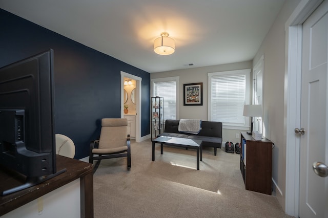 living room featuring light colored carpet