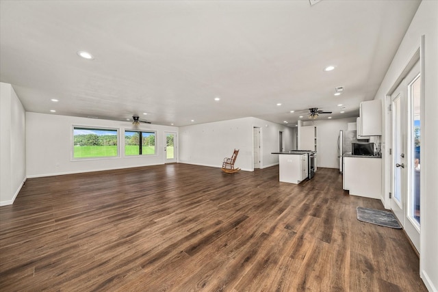 308 Huse Watson Rd, Oakdale, TN 37829 - unfurnished living room with ceiling fan, recessed lighting, dark wood-style floors, and baseboards