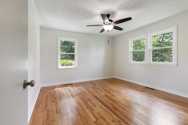 spare room with a textured ceiling, a wealth of natural light, and light hardwood / wood-style floors