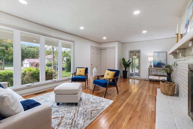 living room featuring a fireplace and light hardwood / wood-style floors