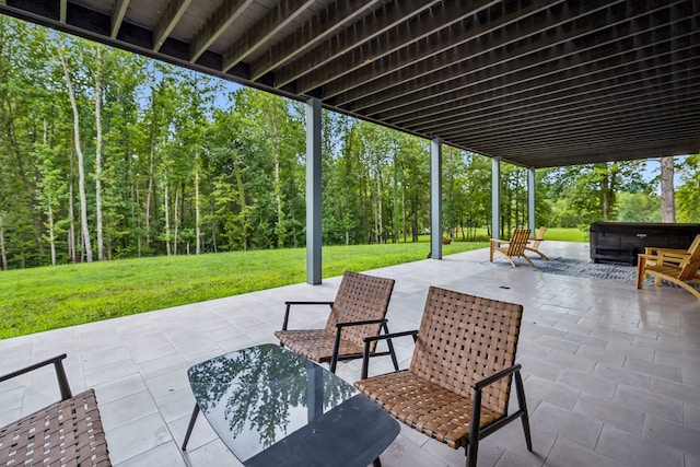 view of patio / terrace featuring a hot tub