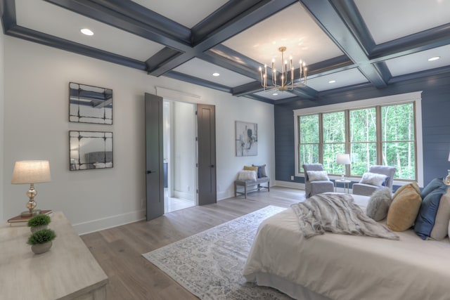 bedroom featuring beamed ceiling, coffered ceiling, and wood-type flooring