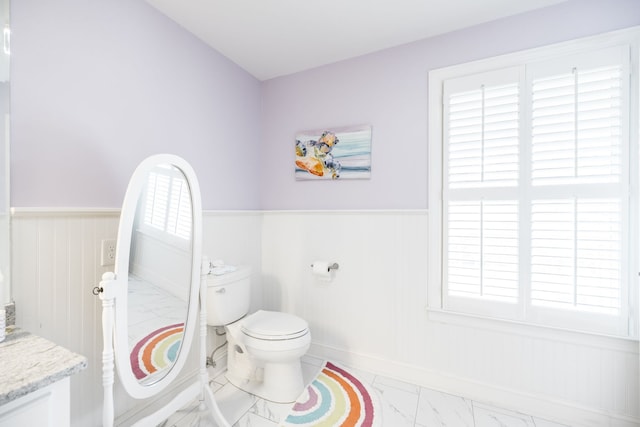 bathroom with toilet, vanity, and a wealth of natural light