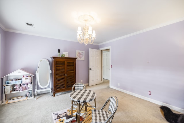 sitting room with a chandelier, light colored carpet, and crown molding