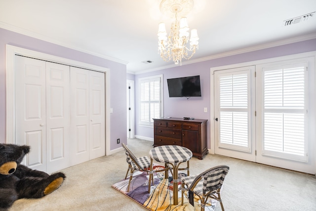 dining space with a notable chandelier, light carpet, and crown molding