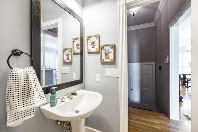 bathroom with sink, wood-type flooring, and ornamental molding