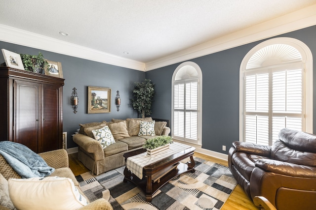 living room with ornamental molding, light hardwood / wood-style floors, a textured ceiling, and a healthy amount of sunlight