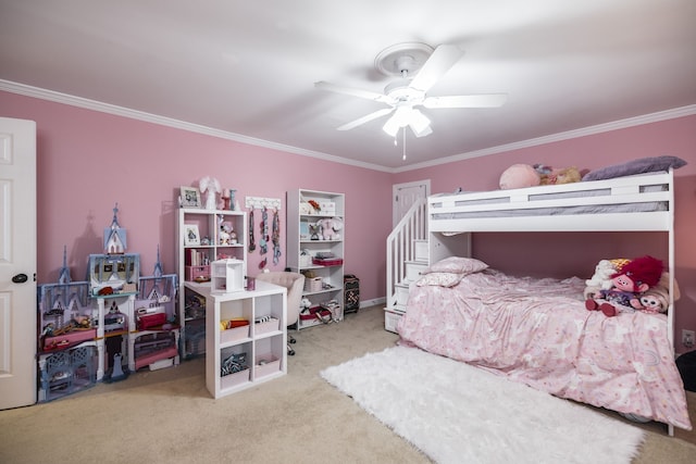 bedroom with light carpet, ceiling fan, and crown molding