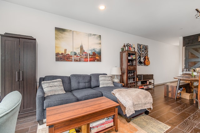 living room with dark wood-type flooring