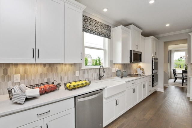 kitchen with ornamental molding, stainless steel appliances, dark wood-type flooring, sink, and white cabinetry