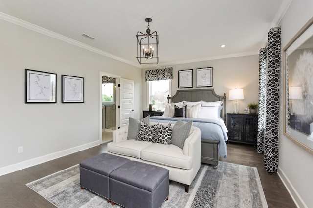 bedroom with crown molding, a chandelier, and dark hardwood / wood-style floors