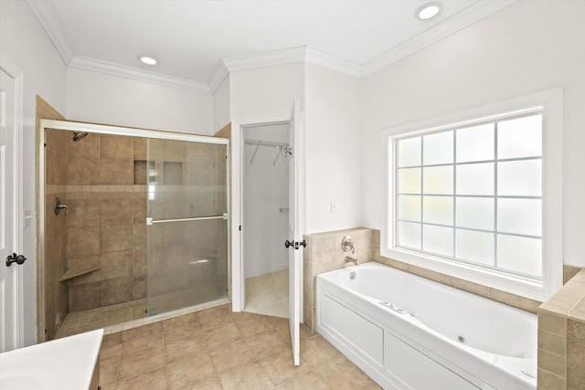 bathroom with separate shower and tub, tile patterned floors, and crown molding