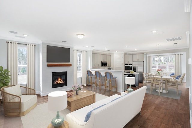 living room with hardwood / wood-style flooring, a large fireplace, and ornamental molding