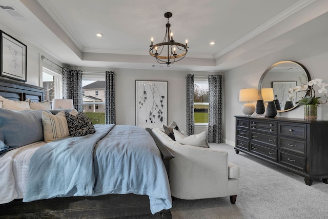 carpeted bedroom featuring a raised ceiling, crown molding, and a notable chandelier