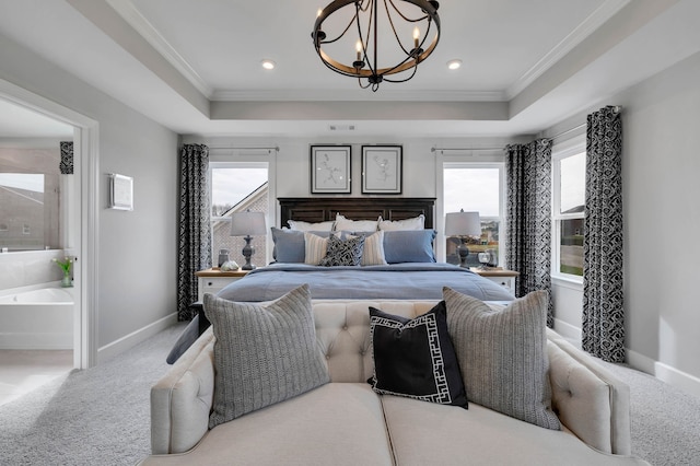 carpeted bedroom with multiple windows, a chandelier, and ornamental molding