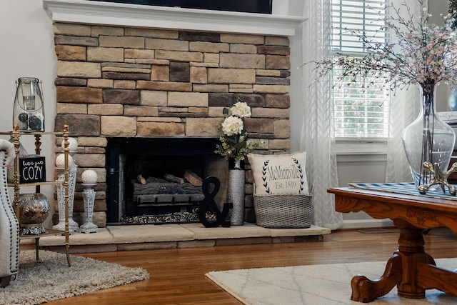 details with a stone fireplace and hardwood / wood-style flooring