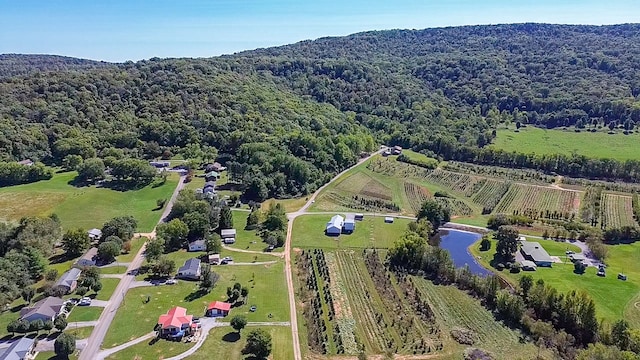 birds eye view of property featuring a rural view and a water view