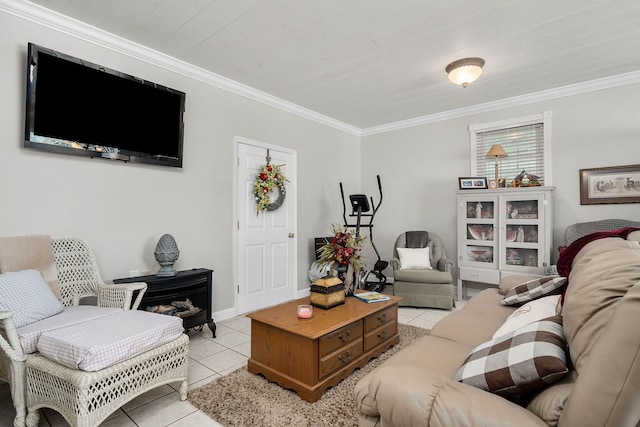 tiled living room featuring ornamental molding