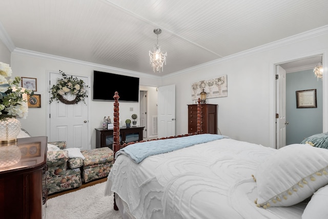 bedroom with ornamental molding, wood-type flooring, and an inviting chandelier