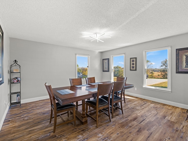 dining room with a textured ceiling, a wealth of natural light, and dark hardwood / wood-style floors