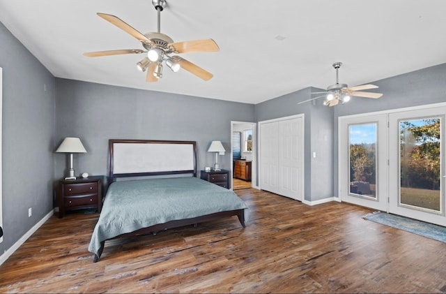 bedroom featuring dark wood-type flooring, ceiling fan, and access to exterior