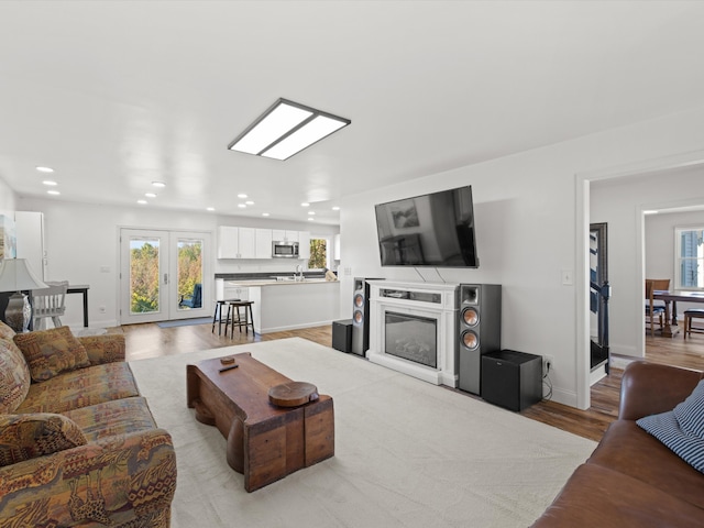 living room with light hardwood / wood-style floors and french doors