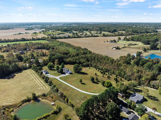 aerial view featuring a water view and a rural view