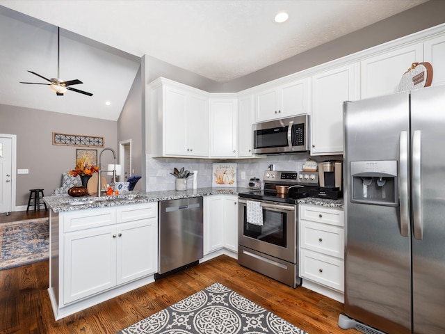 kitchen featuring white cabinetry, kitchen peninsula, appliances with stainless steel finishes, light stone countertops, and dark wood-type flooring