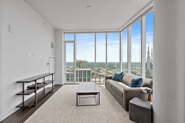 living room featuring floor to ceiling windows, wood-type flooring, and plenty of natural light