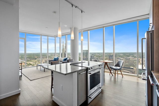 kitchen featuring pendant lighting, a kitchen bar, stainless steel appliances, and dark hardwood / wood-style flooring