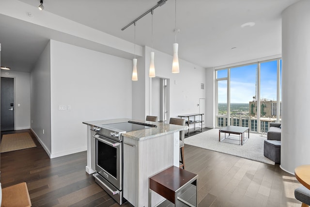 kitchen with dark hardwood / wood-style flooring, a center island, electric stove, hanging light fixtures, and rail lighting